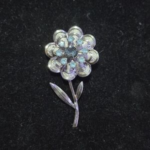Silver Floral Crystal Brooch - Blue Accent
